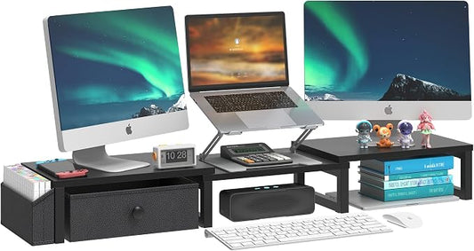 LAND·VOI Dual Monitor Stand with Drawer and Side Pockets, Monitor Riser for Desk, Home Office Desk Storage, Multi-Scenario Adaptation for Work and Entertainment, Black, HMS02BK by LAND%C2%B7VOI