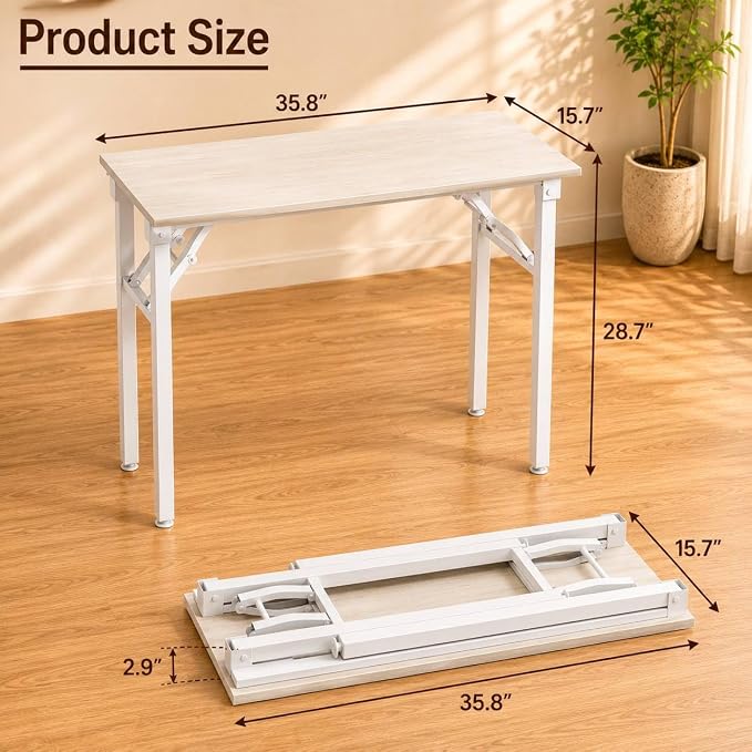 Folding Table Computer Desk - 35.8" No Assembly Folding Desk Design and Foldable Office Desk, Small Desk for Bedroom, Compact Storage Portable Use for Dorm and RV Small Space, White Ash - Image 3