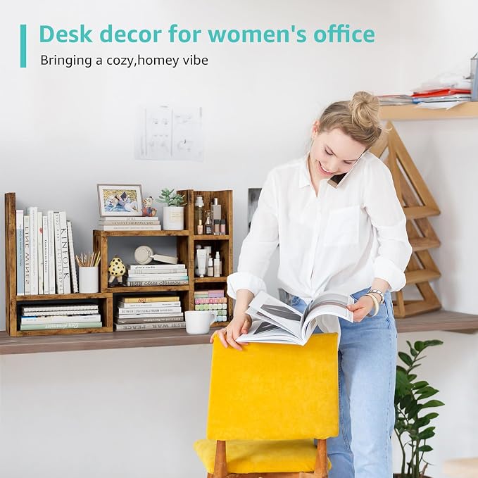 NUTIKAS Desk Shelves Desktop Organizer Shlef - Rustic Office Organization for Top of Desk Organizers and Accessories Corner Bookshelf Table Top Shelving Small Hutch Decorations for Office - Image 6