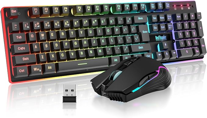 RedThunder K10 Wireless Gaming Keyboard and Mouse Combo, RGB Backlight Rechargeable 3800mAh Battery, 26-Key Anti-ghosting Keyboard + 7D 3200DPI Mice for PC Gamer by RedThunder