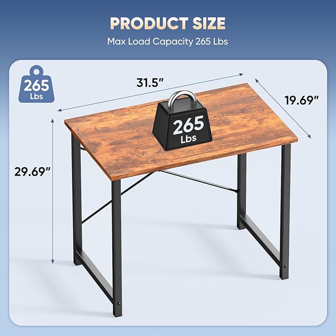 DUMOS 32 Inch Small Computer Desk, Gaming Desks for Home Office Bedroom | Modern Study Writing Work Table, Craft PC Desk Simple Workstation with Reinforcement Structure, Rustic Brown - Image 3