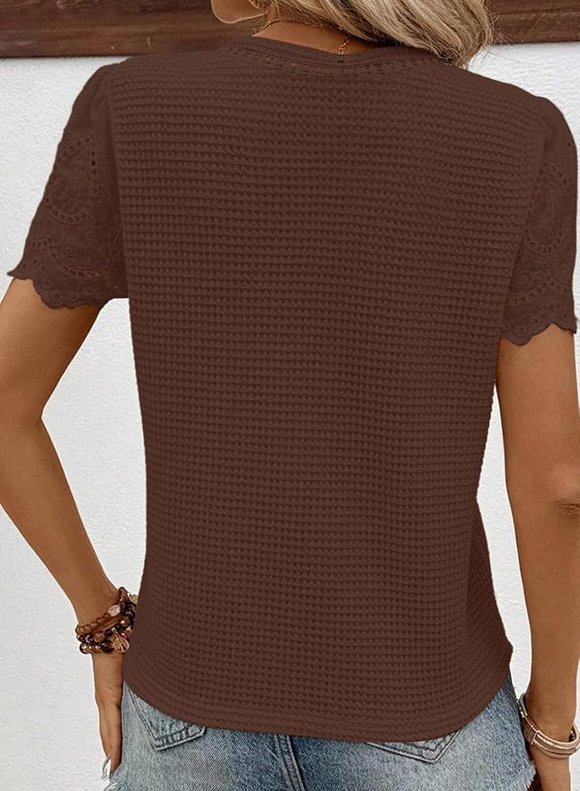 SHEWIN Womens Frenchy Summer Tops Crewneck Short Sleeve T Shirts Casual Waffle Knit Jacquard Blouses Top Shirts - Image 2