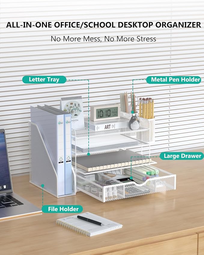 WALI Desk File Organizer, 4 Tier Desktop Paper Letter Tray Organizer with Drawer and 2 Pen Holders, Office Desk Accessories & Workspace Organizers for Office, Home Supplies(DO005DH-W), 1 Pack, White - Image 2