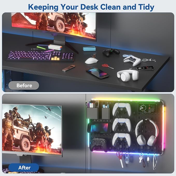 KDD 9 in 1 RGB Gaming Wall Organizer Peg Board - DIY Pegboard Combination Kit with Phone Stand/Pen Holder/Storage Box/Headset & Controller Holder/Hooks for Office & Home Gamer Room Decor Accessories - Image 8