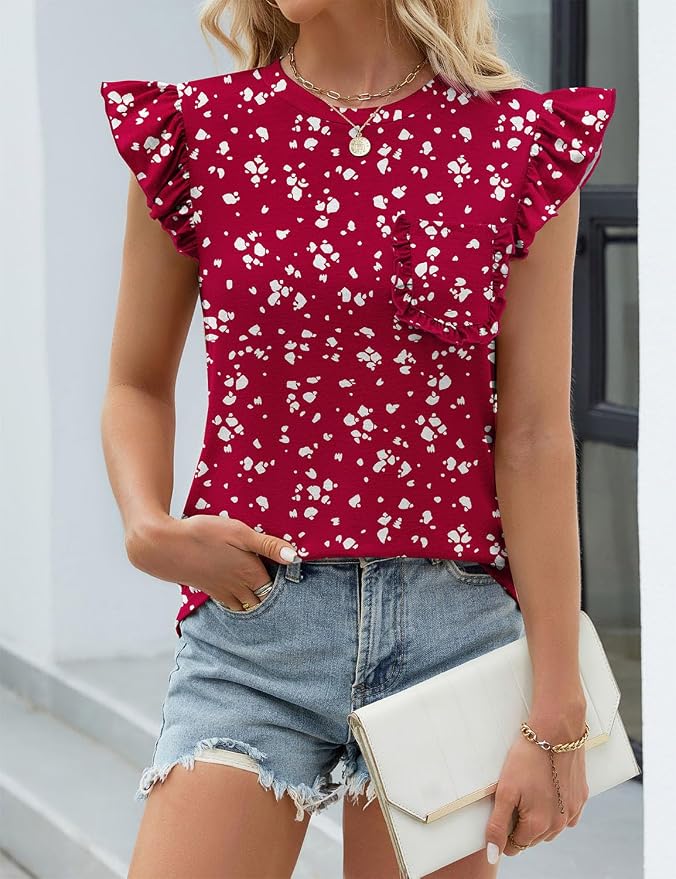 JUSTFASHIONNOW Womens Summer Tops Striped T-Shirts 2026 Ruffle Short Sleeve Crew Neck Casual Blouses with Pocket - Image 3