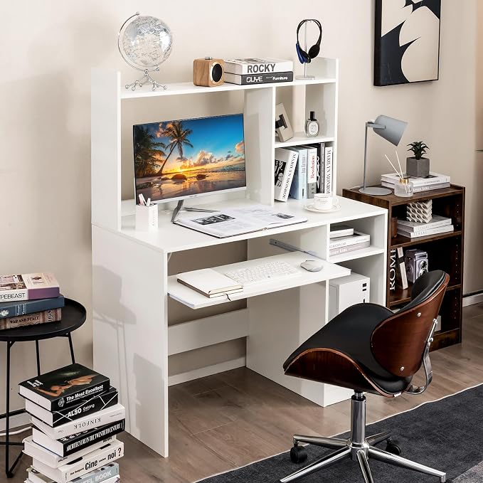 Giantex Computer Desk with Hutch, 43.5 Inch Home Office Desk with Keyboard Tray & Charging Station, Laptop PC Table for Workstation, Modern Study Writing Desk for Small Space, Bedroom, White - Image 2