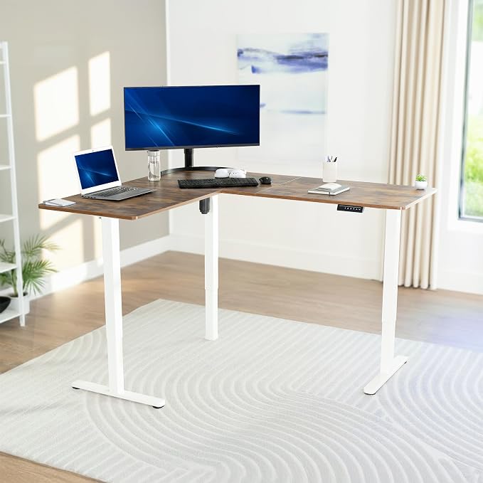 VIVO Vintage Brown 63 x 55 in Corner Standing Desk, DESK-E3CTWN | Electric, Reversible L-Shaped Table, Sit Stand, Height Adjustable, Memory Controller, Office Furniture Sets, White Frame - Image 2