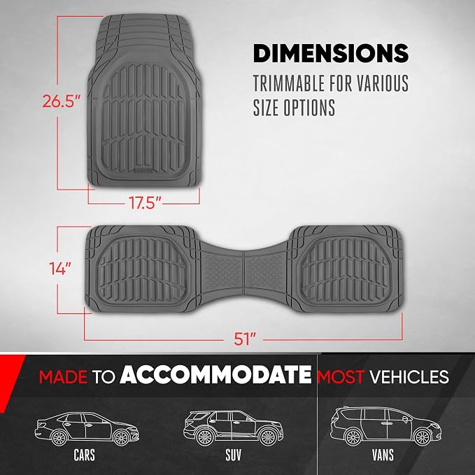 Motor Trend FlexTough LITE Rubber Car Mats Full Set - All Weather Floor Mats for Trucks, Cars & SUVs - Automotive Waterproof Gray Car Floor Mats for Cars Interior Accessories Universal Trim-to-Fit - Image 3