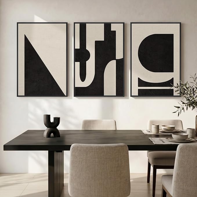 Large Framed Neutral Abstract Geometric Wall Art Set, 3 Piece Modern Minimalist Artwork for Walls, Black and Beige Canvas Prints Pictures Wall Decor for Living Room Bedroom Dining Room Office 24x36 In - Image 2