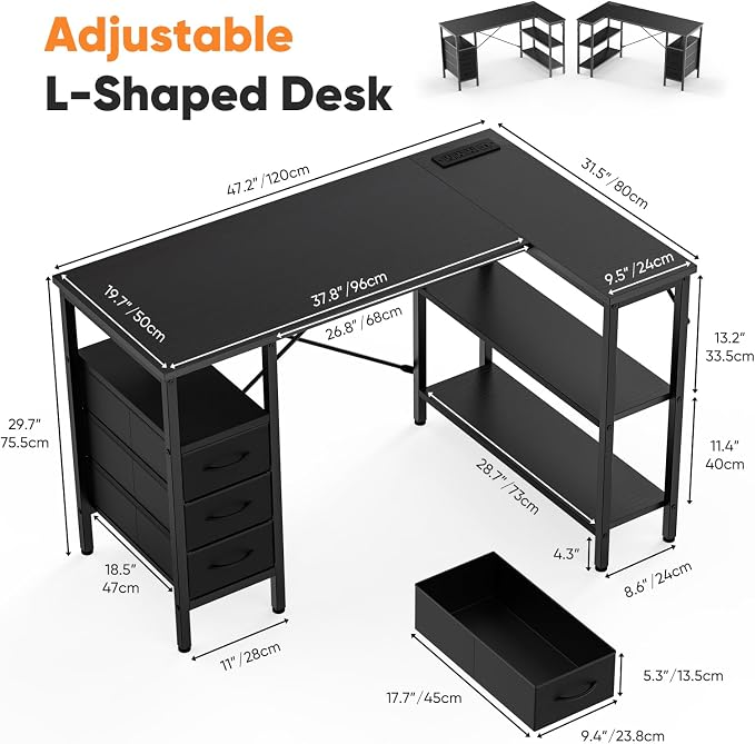 DUMOS L Shaped Desk with Drawers, Gaming Desk, 47 Inch | Power Outlet, Study Table, Adjustable Shelves, Home Office, Corner Computer Workstation, Bedroom, Black - Image 3