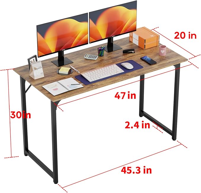 PayLessHere | 47 Inch Computer Desk | Brown | Office Desk with Metal Frame, Adjustable Feet | Water-Resistant, Scratchproof Surface | Sturdy Writing Table for Home Office or Study | Pack of 2 - Image 3