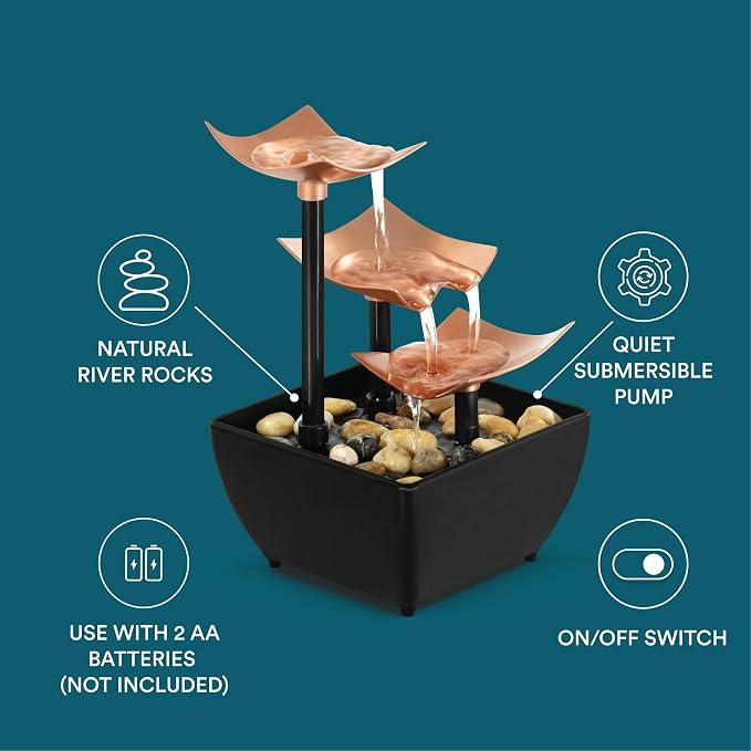 Homedics Tabletop Water Fountain, 3 Tier Indoor Waterfall Fountain with Natural River Rocks, Quiet Pump for Relaxation, Zen Home & Office Desk Décor, AA Battery Powered - Image 5