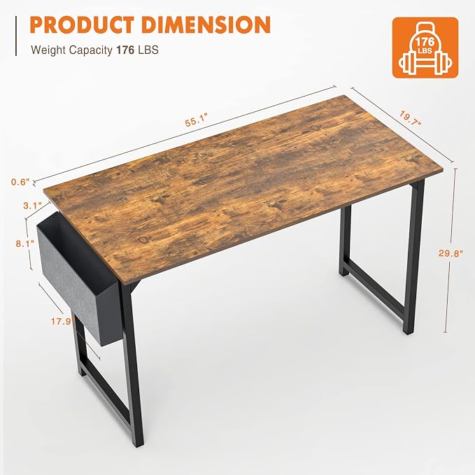 Sweetcrispy 55-Inch Small Computer Desk for Bedroom, Brown | Gaming Writing Work and Study Desk for Home Office, Sturdy Metal Frame and Compact Modern Design with X-Shaped - Image 3