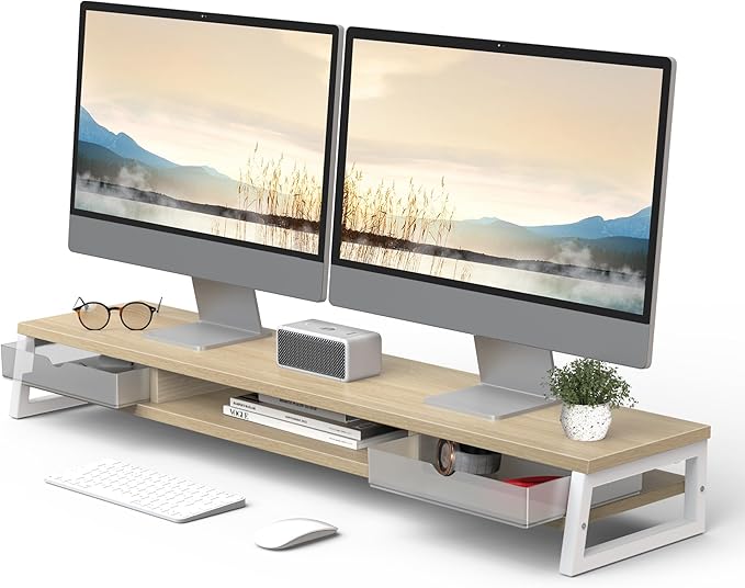 Fenge Dual Monitor Stand, Monitor Riser with Drawer, 42.5 Inch Large Computer Monitor Stand for 2 Monitors, 2 Tier Wooden Desk Shelf for Top of Desk by Fenge