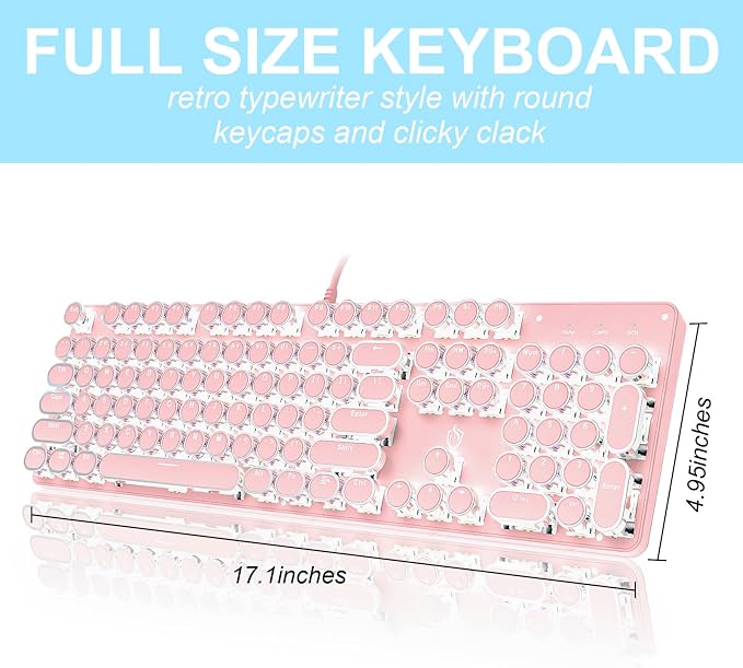 YSCP Typewriter Style Mechanical Gaming Keyboard White Backlit Wired with Blue Switch Retro Round Keycap 104 Keys Keyboard (Pink) - Image 5