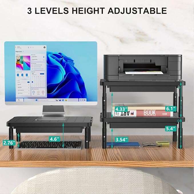 WALI Computer Monitor Stand with Storage, Desk Monitor Riser 3 Height Adjustable, Laptop Riser with Airflow Vents, Desk Organizer for Computer, Laptop, Printer (PTT002-B), 1 Pack, Black - Image 3