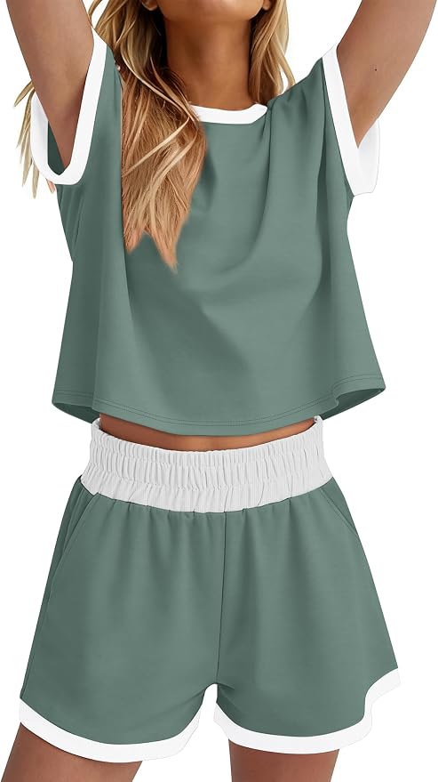 WIHOLL Two Piece Sets for Women Summer Lounge Short Sets Cap Sleeve Crew Neck Sweatsuit with Pocket XS-2XL - Image 4