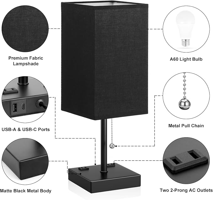 Black Lamp for Bedroom - 3 Color Temperatures, USB A+C, 2 AC Outlets | Pull Chain Switch, LED Bulb Included, Black Fabric Shade, 17.4" Table Lamp for Nightstand, Desk, Living Room, Office - Image 6