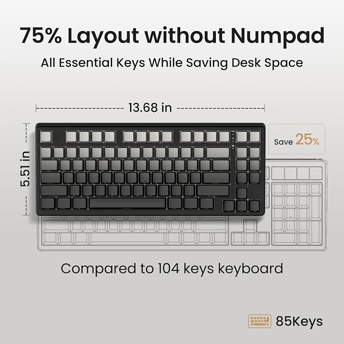 Kisnt KN85 Wireless Mechanical Keyboard, 75% Layout with Side Printed PBT Keycaps, Bluetooth/2.4GHz/USB-C, Custom RGB Backlit, Hot-Swappable Linear Switch,Creamy Sound for Gaming/Typing(Gradient Gray) - Image 4