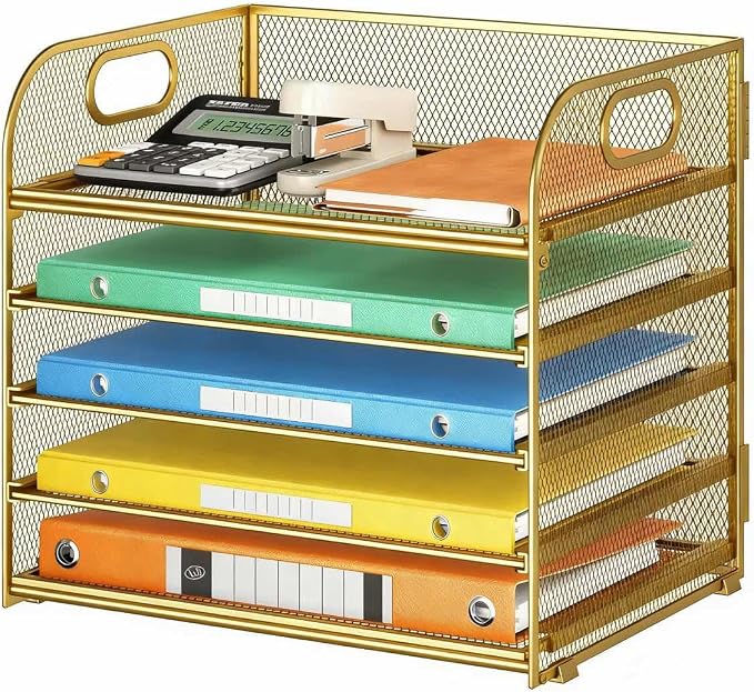 Lavatino Desk Paper Organizer Trays, Gold 5-Tier Mesh File Folder Sorter with Handles, Letter Holder Organizer for Office, Home, School Supplies Storage & Organization by Lavatino