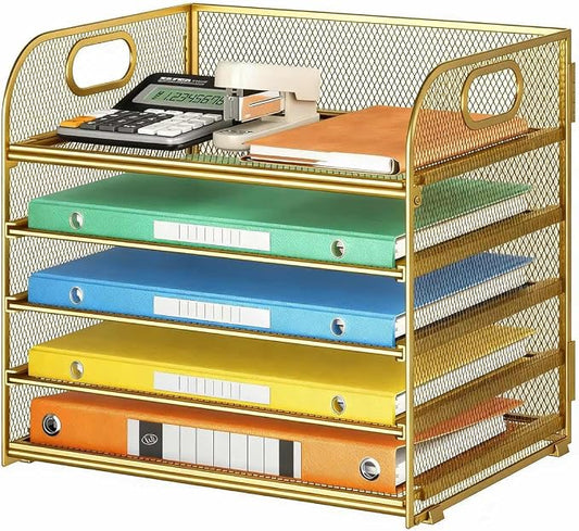 Lavatino Desk Paper Organizer Trays, Gold 5-Tier Mesh File Folder Sorter with Handles, Letter Holder Organizer for Office, Home, School Supplies Storage & Organization by Lavatino