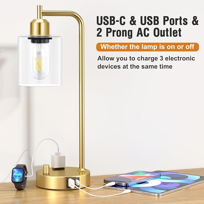 Innqoo Industrial Table Lamp for Bedroom Set of 2 - Fully Dimmable Bedside Lamps with USB Ports and Outlet, Gold Nightstand Lamps with Clear Glass Shade for Living Room, Desk Lamps for Office Reading - Image 3