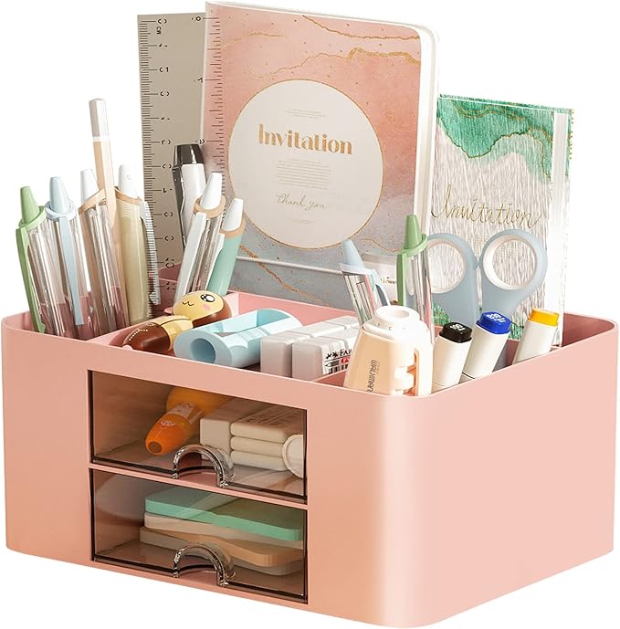 Marbrasse Pen Organizer with 2 Drawer, Multi-Functional Pencil Holder for Desk, Desk Organizers and Accessories with 5 Compartments + Drawer for Office Art Supplies (Pink) by Marbrasse
