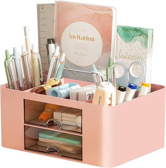 Marbrasse Pen Organizer with 2 Drawer, Multi-Functional Pencil Holder for Desk, Desk Organizers and Accessories with 5 Compartments + Drawer for Office Art Supplies (Pink) by Marbrasse