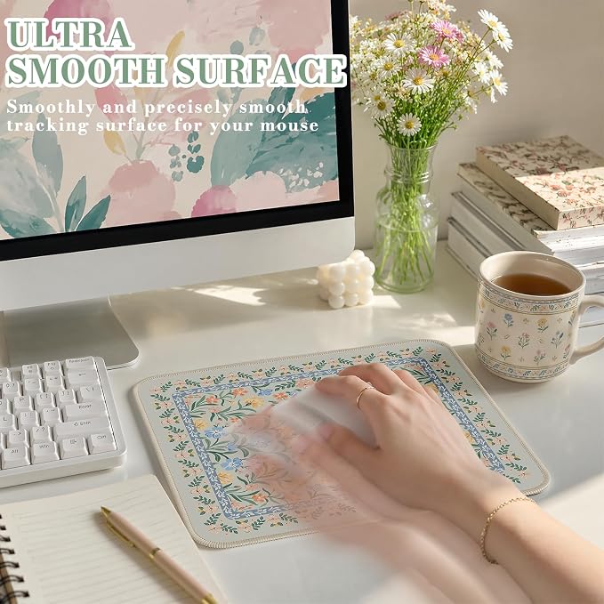 iCasso Aesthetic Small Mouse Pad, 9.5x7.9in,Home Office, Green Floral | Mini Portable Travel Mousepad, Anti-Slip and Comfortable Cloth Mouse Mat with Stitched Edges for Computer, Home - Image 3