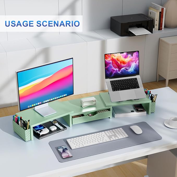 gianotter Dual Monitor Stand Riser, Desk Organizer With Drawer and 2 Pen Holders, Computer Monitor Stand, Desk Shelf for Top of Desk (Sage Green) - Image 5