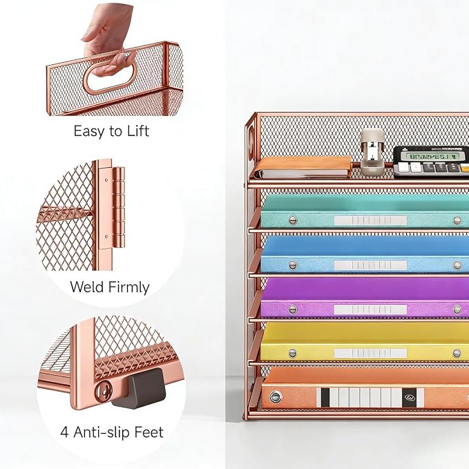 6 Tiers Letter Tray Paper Organizer with Handle, Mesh Desk File Organizer, Metal Desktop Document Shelf Organization, Paper Sorter Organizer for Office, Home or School File Folder Holder (Rose Gold) - Image 2