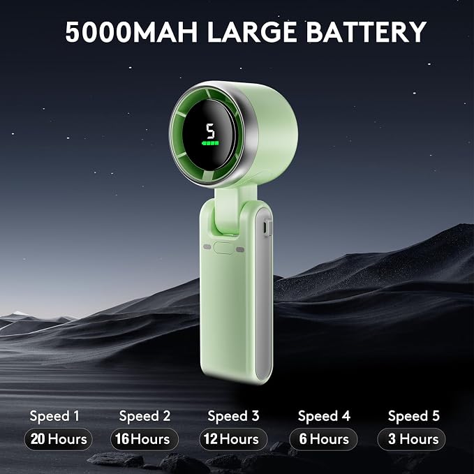 Foldable Handheld Fan, Portable High Speed Rechargeable 5000mAh Mini Turbo Fan, Digital Display, 5 Speed Personal Pocket Fan for Travel, Camping, Stadium Essentials, Gifts for Women Men - Image 4