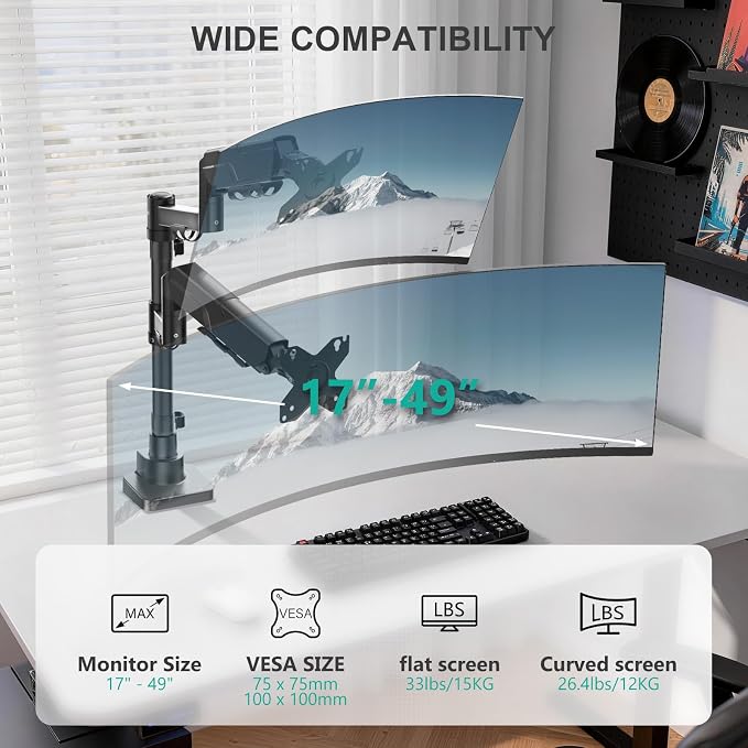 WALI Vertical Dual Monitor Mount for 17-49 inch Ultrawides Curved Screens, Heavy Duty Stacked Dual Monitor Stand for Desk, Adjustable Ultrawide Monitor Arm up to 33lbs, VESA Mount 75/100mm, Black - Image 2