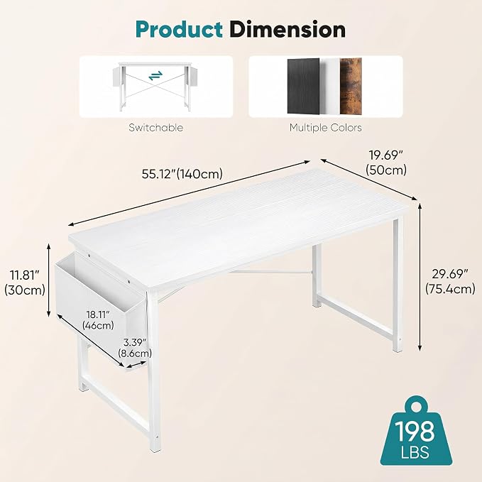 OLIXIS Computer Desk, 55 Inch Gaming Desks for Home Office Small Spaces | Writing Study Craft Work Table, Computer Workstation for Bedroom with Storage Bag, All White - Image 3