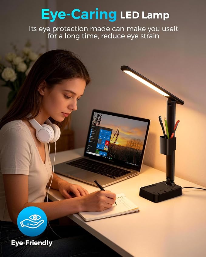 LED Desk Lamp with Power Strip, 3 AC Outlets & 4 USB Ports (2 USB-C), Stepless Dimming & 2800K-6500K Eye-Caring Desk Light, Foldable Table Lamp for Home Office, Dorm Room Essentials(10FT) - Image 7