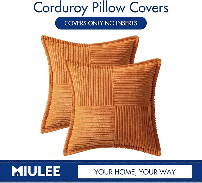 MIULEE Fall Burnt Orange Decorative Throw Pillow Covers for Couch Bed Livingroom 18x18 Inch Set of 2 Boho Accent Throw Pllows Broadside Striped Patchwork Soft Corduroy Pillowcases - Image 4