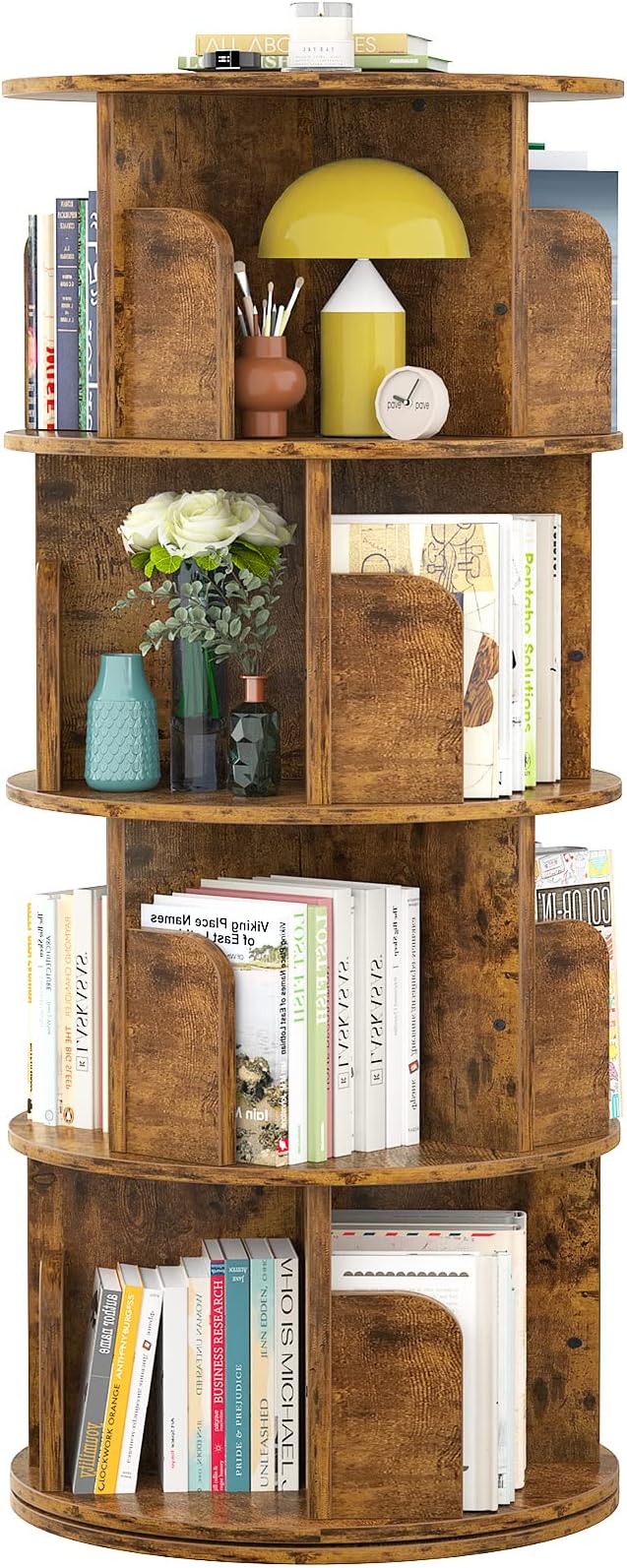 Aheaplus Rotating Bookshelf, Small Corner Bookshelf for Small Space, 360 Display 4 Tier Floor Standing Bookcase Storage Rack, Wood Narrow Book Shelf Organizer for Bedroom, Living Room, Rustic Brown by Aheaplus