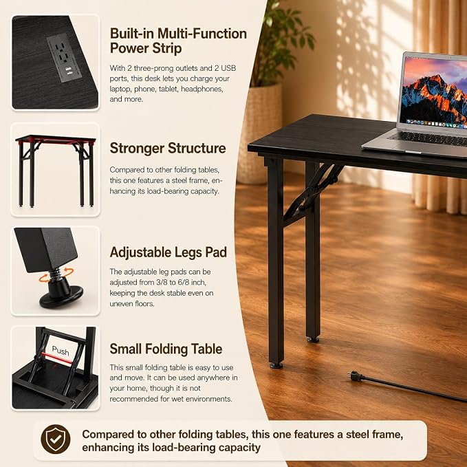 Folding Table Computer Desk - 55.1" No Assembly Folding Desk with Power Outlets & USB Charging Port, Small Desk, Foldable Office Desk, Compact Storage Portable Use for Small Space, Dark Oak - Image 8