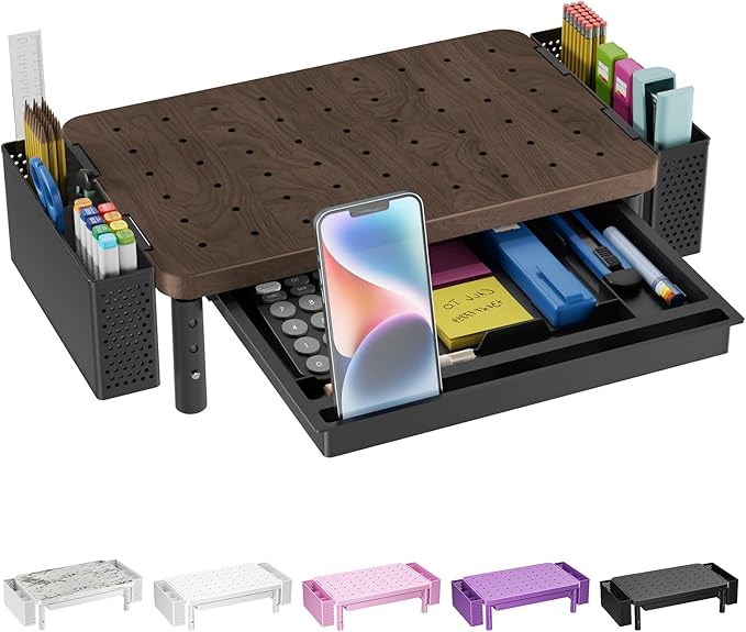 WALI Plastic Computer Monitor Stand with Storage, Desk Organizer with Drawer and Pen Holder, Desk Monitor Riser 3 Height Adjustable, Laptop Riser for Computer, Laptop, Printer(PTT003-C), 1 Pack, Brown by WALI