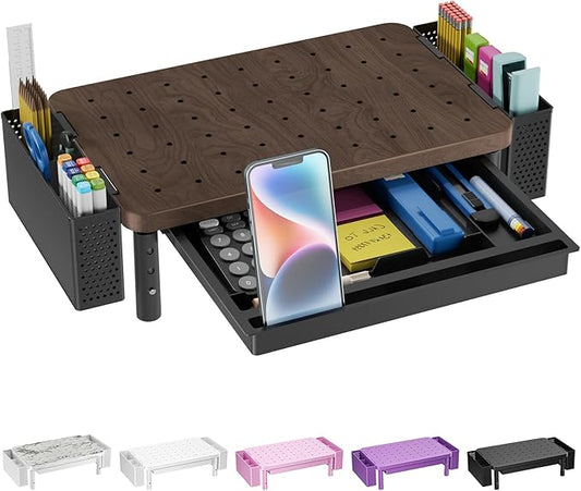 WALI Plastic Computer Monitor Stand with Storage, Desk Organizer with Drawer and Pen Holder, Desk Monitor Riser 3 Height Adjustable, Laptop Riser for Computer, Laptop, Printer(PTT003-C), 1 Pack, Brown by WALI