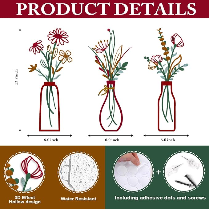 Pigort 3 Pieces Metal Vase Flowers Wall Arts - Rustic Farmhouse Style Décor Metal Wall Art Black Minimalist Flower Natural Themed Wall Decors for Home Bedroom Dining Room Housewarming (Red, Vase-C) - Image 2