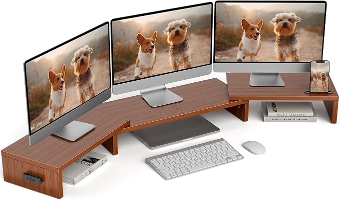 BONTEC Triple Monitor Stand Riser with Smartphone Holder, Walnut | Adjustable Length & Swivel Angle, Ergonomic Wooden Desktop Organizer for PC Monitor, Laptop, Printer, Large Storage, 53.3 in by BONTEC