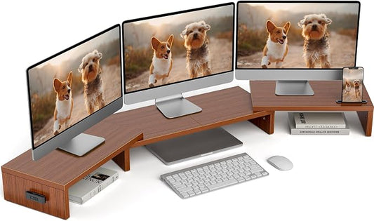 BONTEC Triple Monitor Stand Riser with Smartphone Holder, Walnut | Adjustable Length & Swivel Angle, Ergonomic Wooden Desktop Organizer for PC Monitor, Laptop, Printer, Large Storage, 53.3 in by BONTEC