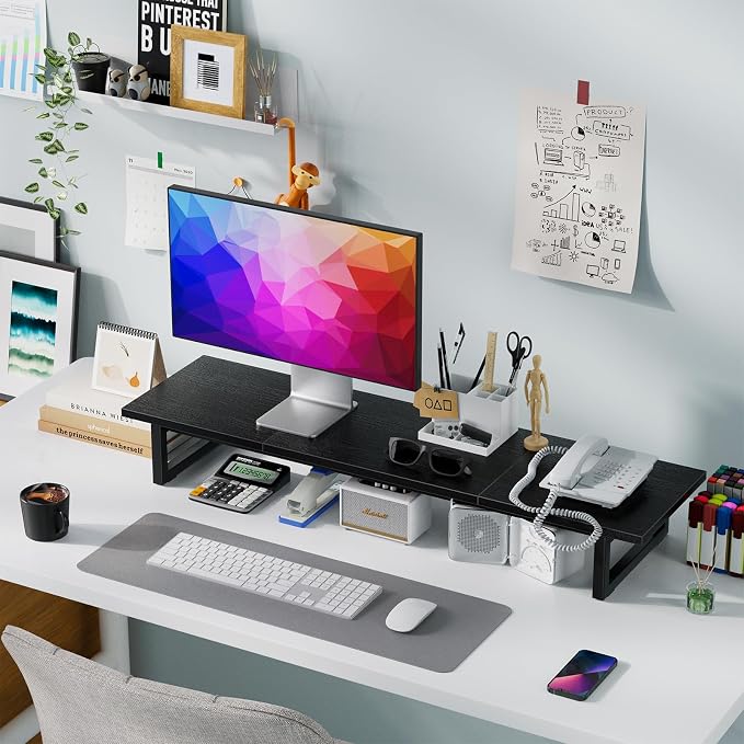 Simple Trending 38 Inch Dual Monitor Stand Riser, Wood and Steel Desktop Organizer for Home Office, Black - Image 2