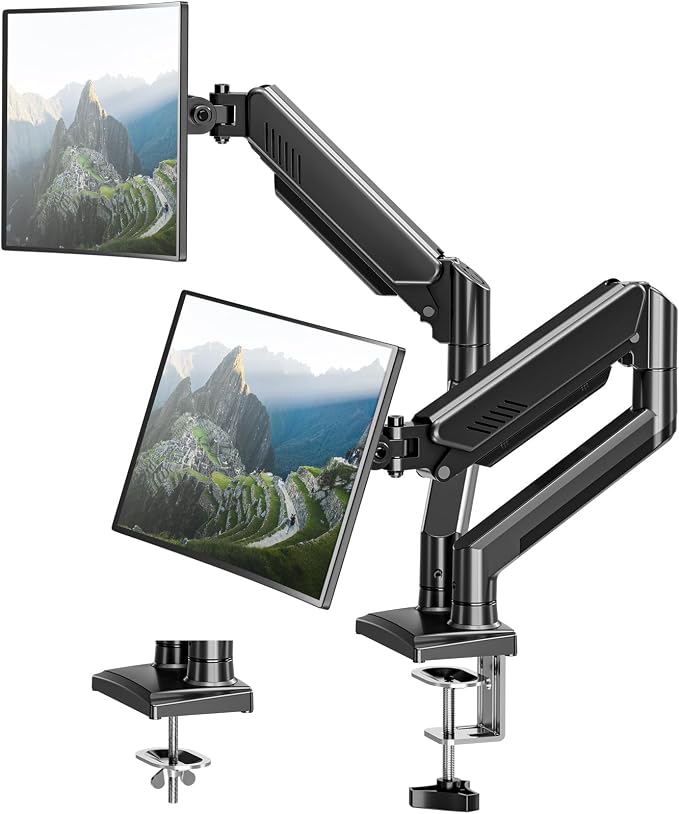 Dual Monitor Arm Desk Mount Fits 13 to 32 inch Computer Screens, Holds 4.4 to 22lbs Display VESA Mount, Adjustable Double Monitor Stand with Clamp/Grommet Base, 75/100mm Bracket, Black, Freelift by MOUNTPRO