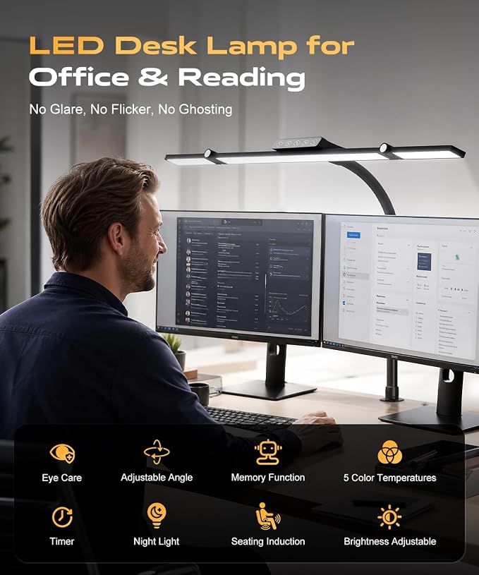 LED Desk Lamps for Home Office, Desk Light with Remote & Touch Control, Stepless Dimming,5CCT,Motion Sensor Auto On/Off, Eye-Caring Desk Lamp with Clamp for Study, Reading,Dual Monitors,Black - Image 3