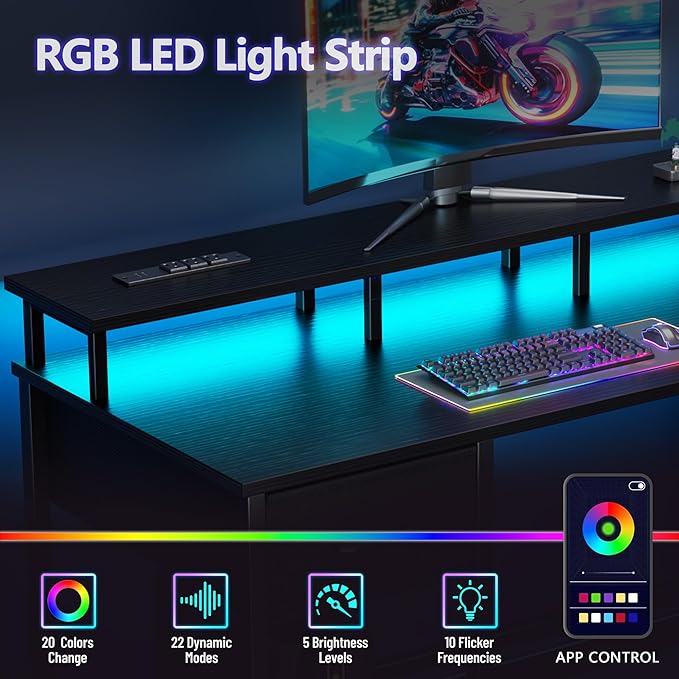 Korfile 61 Inch Gaming Computer Desk with Power Outlets,LED,5 Drawers,Black | For gaming and working,built-in power outlets and LED lights,5 fabric storage drawers, ffits 61-inch, monitor stand,black - Image 4