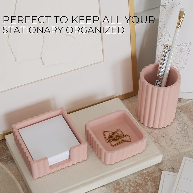 Aesthetic Desk Organizer Set of 3 For Your Office - Sturdy Concrete Desktop Accessories For Women Enhance Any Office Decor - Set incl. Pen Holder, Paperclip Storage & Sticky Note Holder for Teacher - Image 3