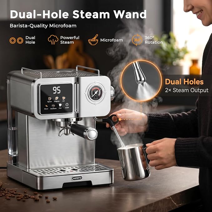 58mm Espresso Machine with Milk Frother, 20 Bar Semi-Automatic Coffee Maker, Visual Pressure Gauge & Touchscreen LCD Display, Professional Home Espresso Machine for Latte & Cappuccino, Silver - Image 6