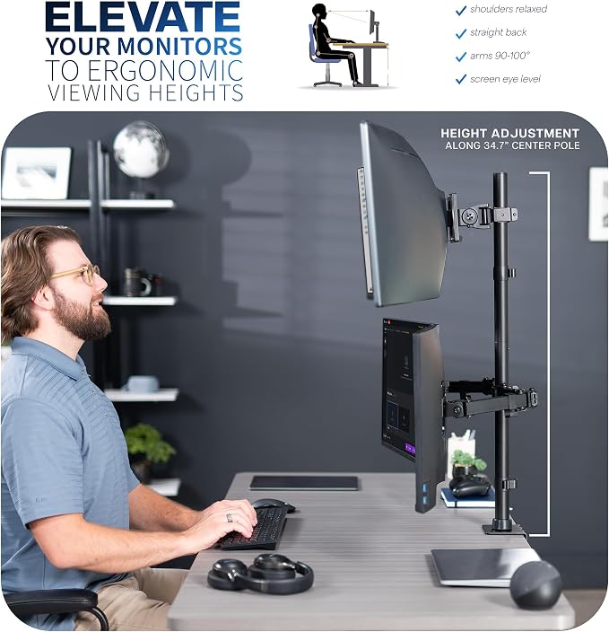 VIVO Triple Monitor Extra Tall Desk Mount for up to 49 inch Ultrawides on Center Bracket and 27 inch Screens on Side Brackets, Holds up to 44 lbs, Black, STAND-V103T - Image 8